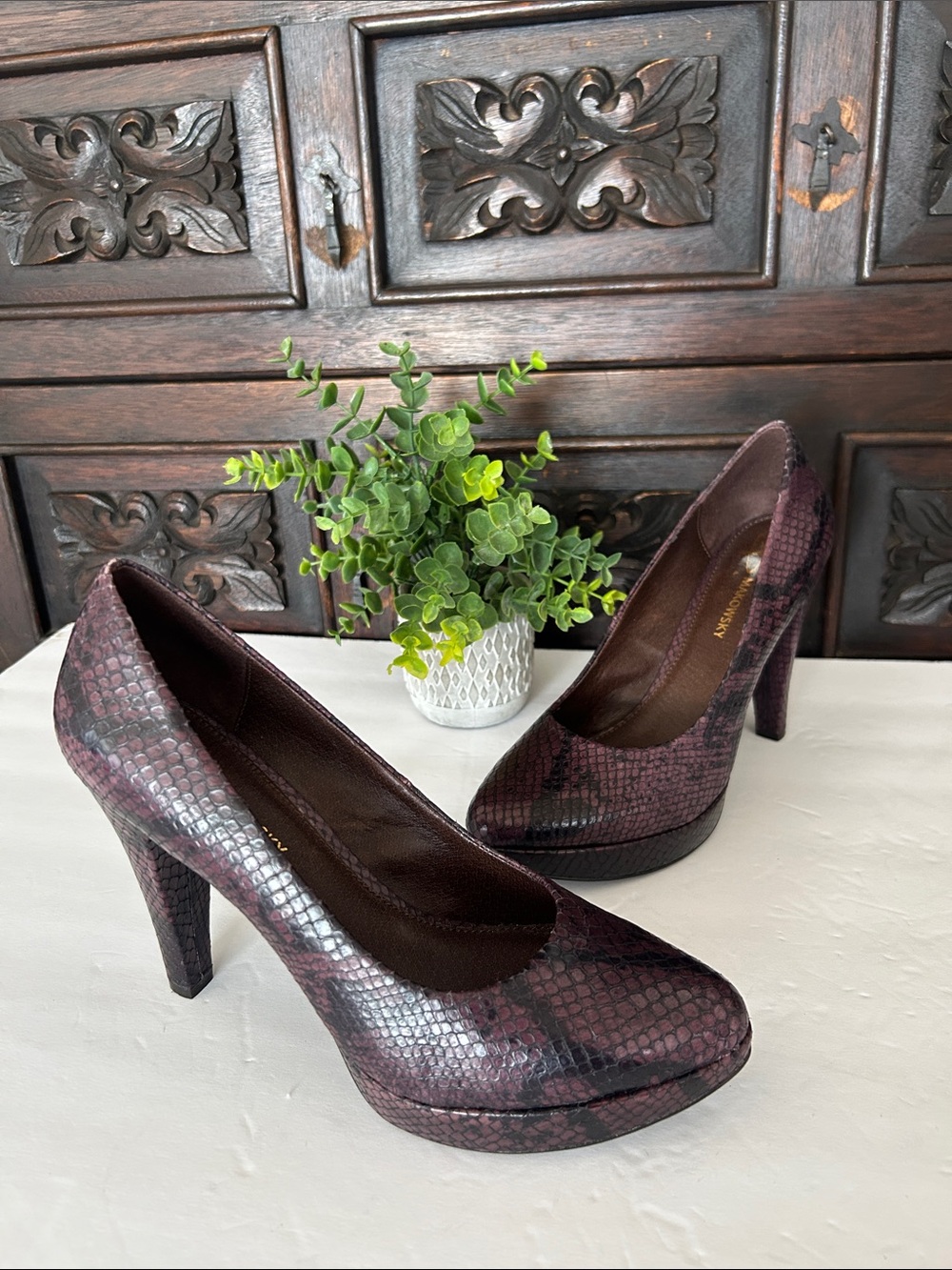 b. makowsky Plum Snake-Print Platform Pumps